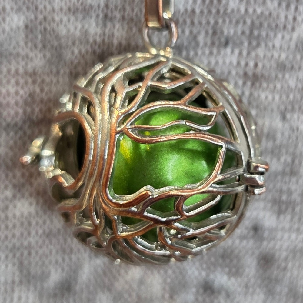 Silver Tone Tree of Life Cage Pendant Harmony Ball Necklace‎ Green Boho